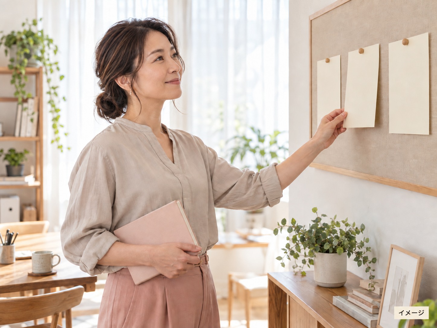 壁に並べた選択肢を見比べ、一つを選ぶ女性